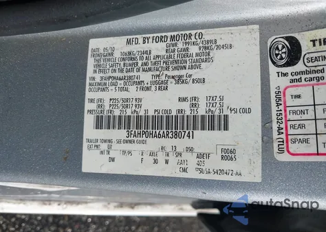 2010 Ford Fusion Se z USA, uszkodzony, nr VIN 3FAHP0HA6AR380741